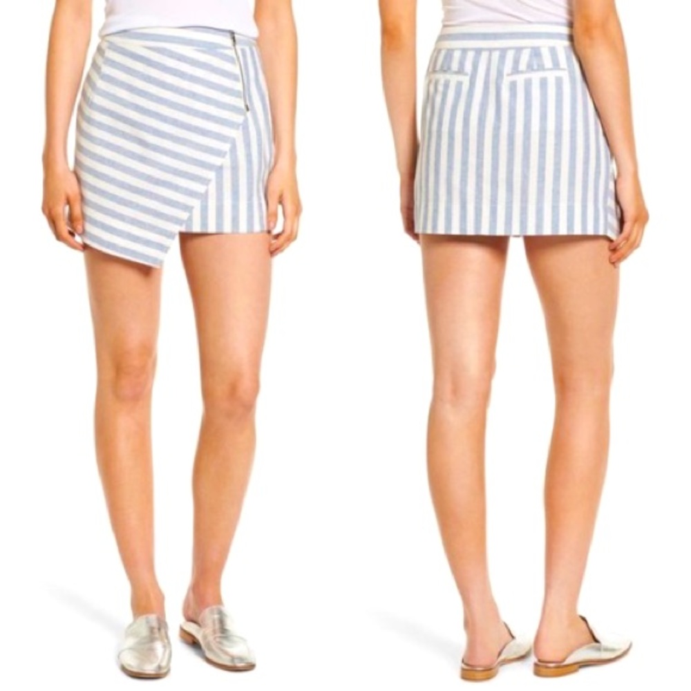 Rebecca Minkoff Gigi Mini Skirt Linen Cotton Blue White Stripe Faux Wrap